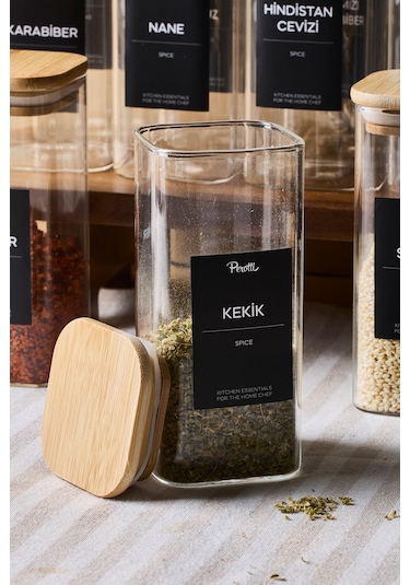 Gildo 12'li Bambu Kapak Borosilikat Cam Baharatlık 400 Ml 13x6 Cm 30 Adet Etiket Hediyeli Seffaf ŞEffaf