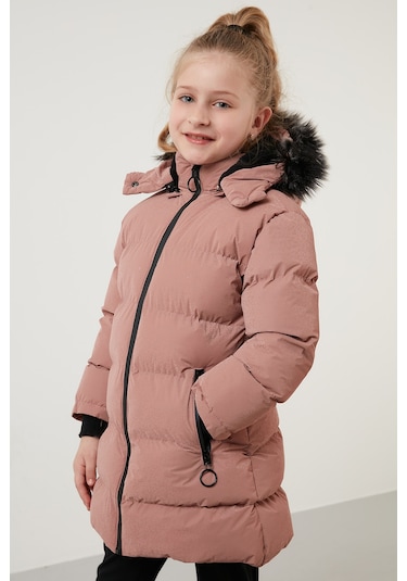 Lela Yakası Suni Kürklü Peluş Astarlı Çıkarılabilir Kapüşonlu Dar Kesim Kışlık Kız Çocuk Mont 5760002 Pudra