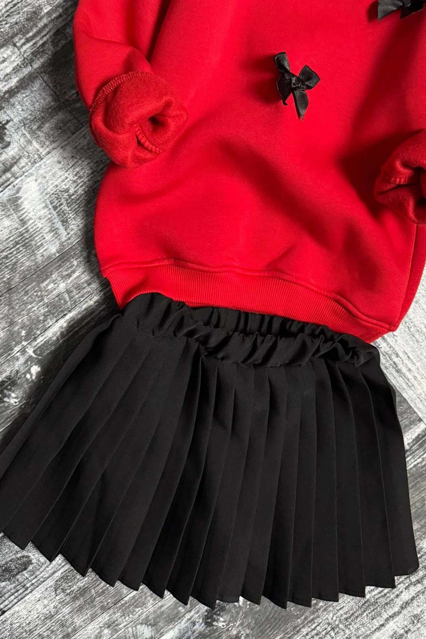 Riccotarz Kız Çocuk Kurdela Detaylı 3 İplik Kazak Pileli Siyah Etekli Takım Siyah