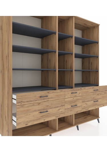 Kronos Dolap 12 Raflı 6 Çekmeceli 220x59x243 Çam-antrasit/çam Antrasıt/atlas Çam