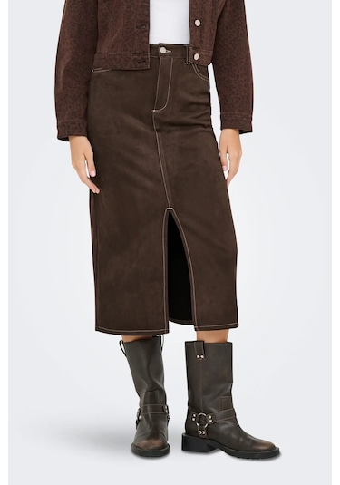 Only Kadın Onlstına Önden Yırtmaçlı Midi Süet Etek 15351259 Kahverengi Kahverengi