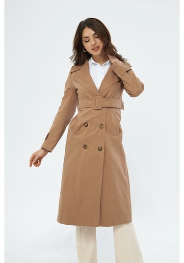 %100 Pamuk Ekstra Uzun 120cm Kruvaze Kadın Trençkot 1121 Koyu Bej