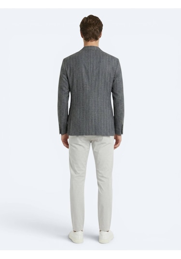 Kip Petrol Çizgili Modern Fit Keten Karışımlı Ceket