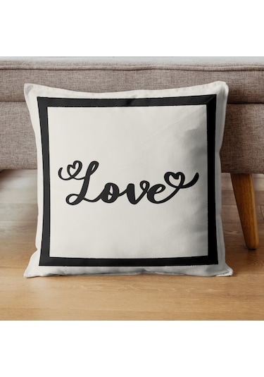 Love Kalp Desenli Dekoratif Kırlent Kılıfı Krem