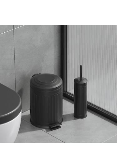 Aqua Bagno Midas Klozet Fırçası + Çöp Kovası 5 Lt -2 Parça Set, Mat Siyah Siyah