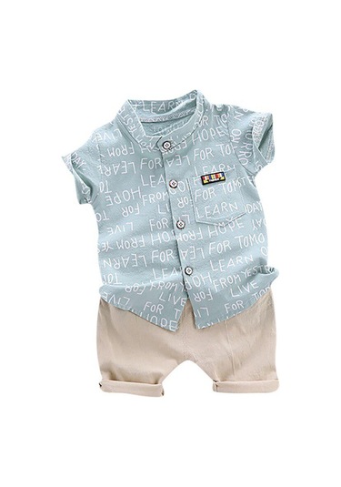 Yeşil Yaz Bebek Erkek Günlük Kısa Kollu Harfli Baskılı Tişört Üst + Şort Kostüm Seti Yeşil