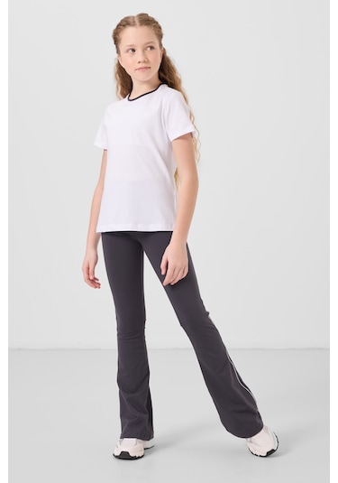 Beyaz-antrasit Pamuklu O Yaka Standart Fit Basic İspanyol Paça Kız Çocuk Tayt Takım - 75192 Beyaz