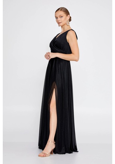 Doridorca Kadın Büyük Beden Sim Detaylı Kolsuz Maxi Abiye Elbise 6111 Siyah Siyah