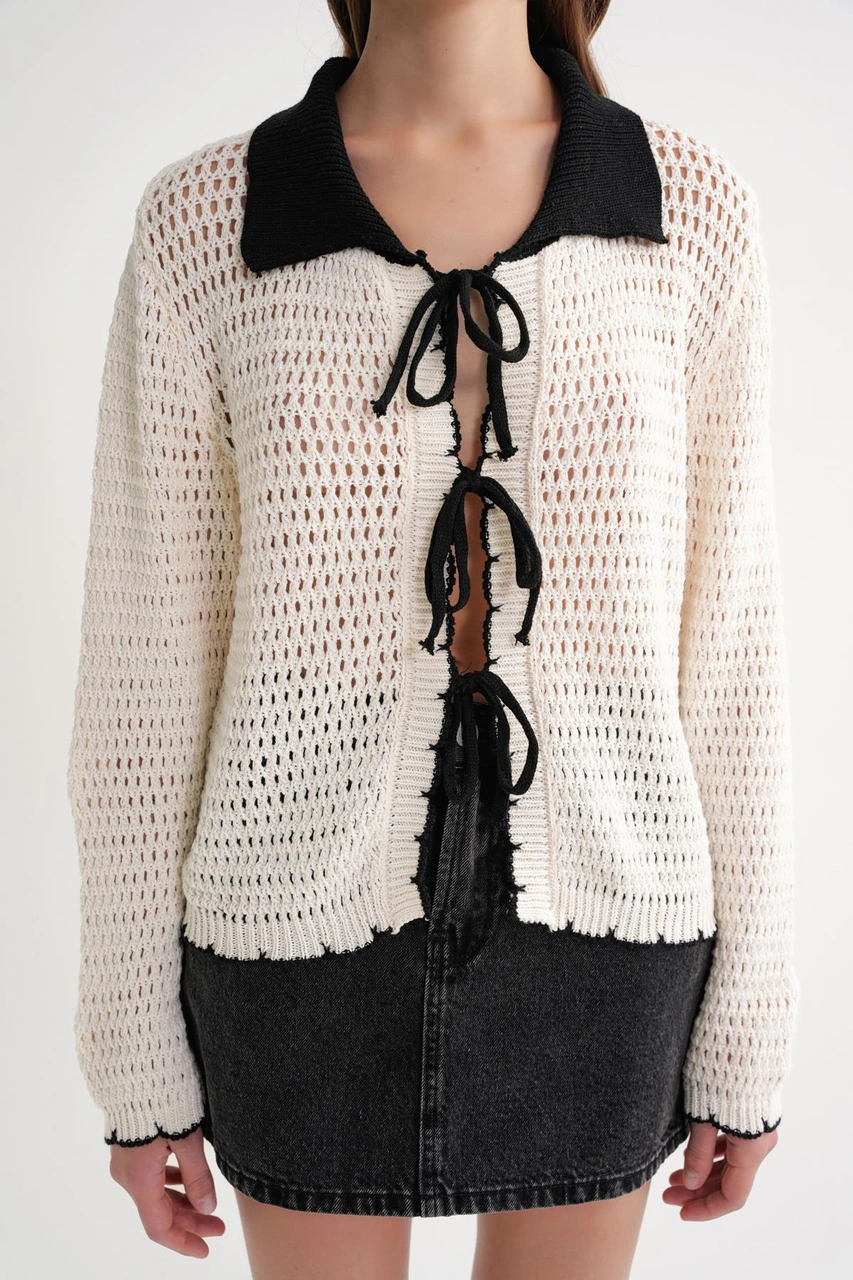 6945 Kadın Ajurlu Bağlamalı Triko Hırka Naturel Naturel