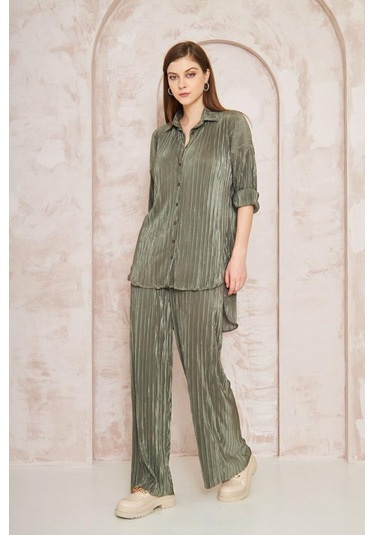Kadın Pliseli Beli Lastikli Pantolon Tunik Gömlek Ikili Bürümcük Salaş Takım 3573300 Haki