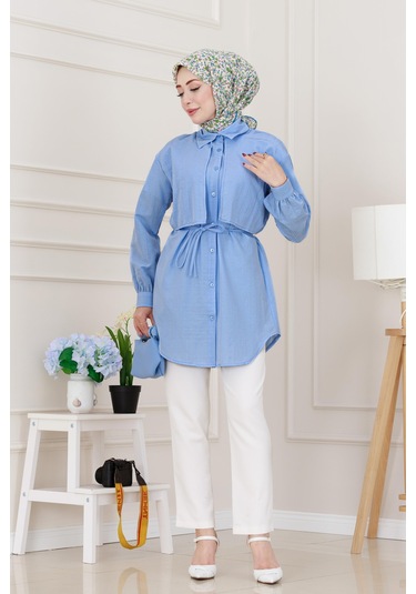 Sevitli Beli Bağcıklı Allerli Taşlı Tunik-bebe Mavi-5220 Bebek Mavisi