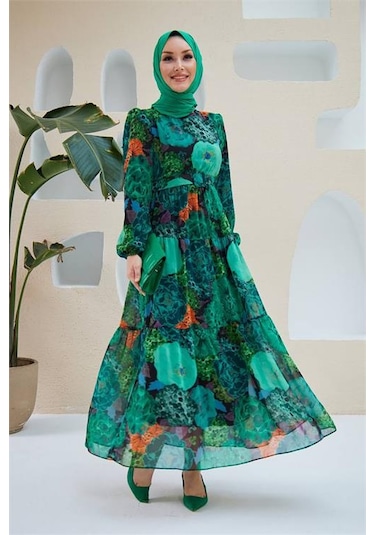 Neşeli Butik Kadın Yeşil Kemerli Tesettür Şifon Elbise Sms025 Yeşil