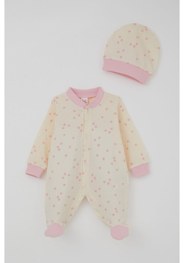 Breeze Kız Bebek Patikli Tulum Çiçek Desenli 0-6 Ay, Krem Krem