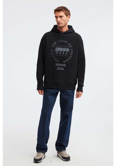 Olympos Erkek %100 Organik Pamuk 3 Iplik Oversize Baskılı Kapüşonlu Kordonlu Siyah Sweatshirt