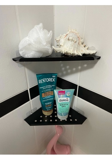 Kitaro Kendinden Yapışkanlı Köşe Şampuanlık Setsiz Mat Siyah İki Katlı Siyah