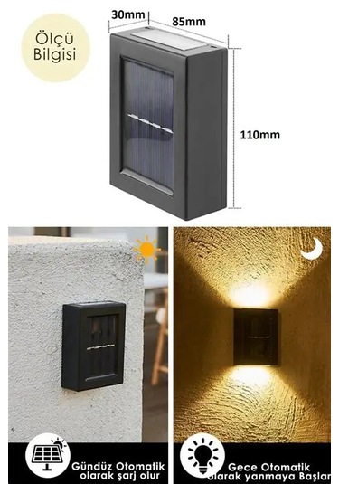 4 Led Li Solar Çift Taraflı Duvar Lambası Güneş Enerjili Siyah