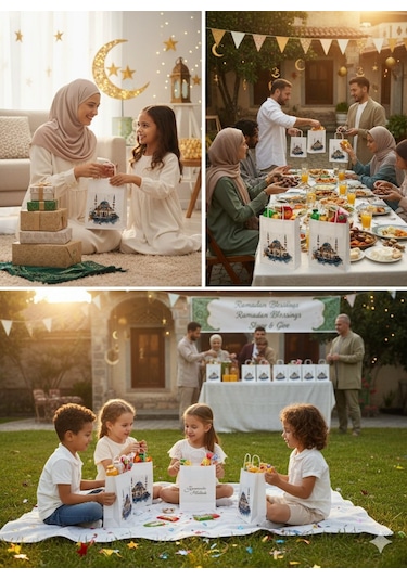 Ramazan Hediyelik Paketleme Çantası, 3lü Paket, Cami Tasarımlı Be