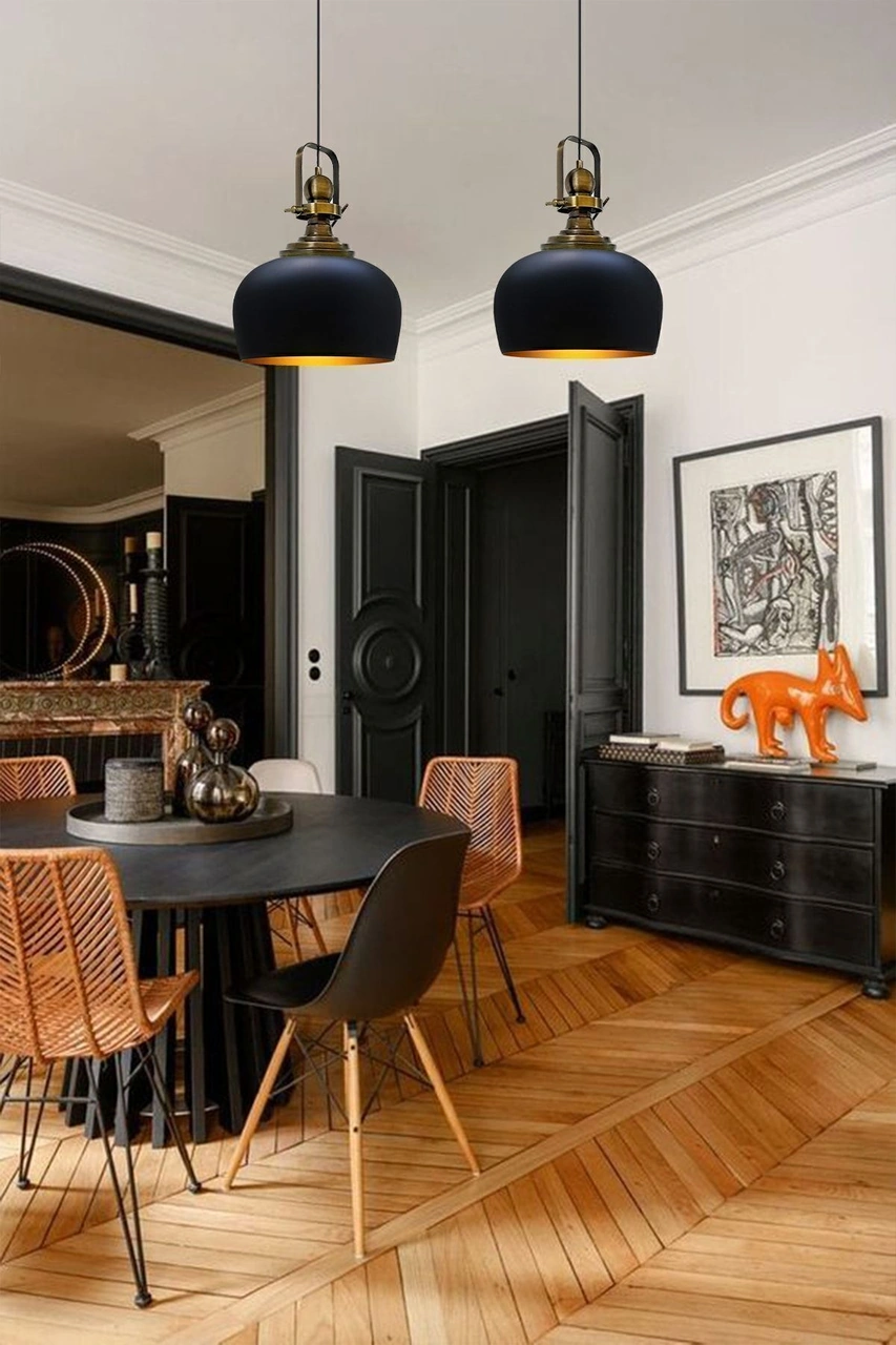 Siyah Renk Eskitme Başlıklı Tekli Avize Salon Masaüstü Mutfak Cafe Tekli Sarkıt Lamba Vintage Siyah