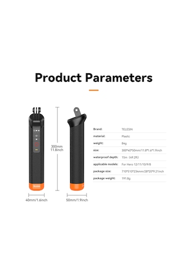 Vkemall Telesın Suya Dayanıklı Spor Kamera Kolu: Gopro Hero 12/11/10/9/8 Uyumlu, 15 Metre Derinlik, Kablosuz Kumanda, Portakal Tabanlı. Siyah