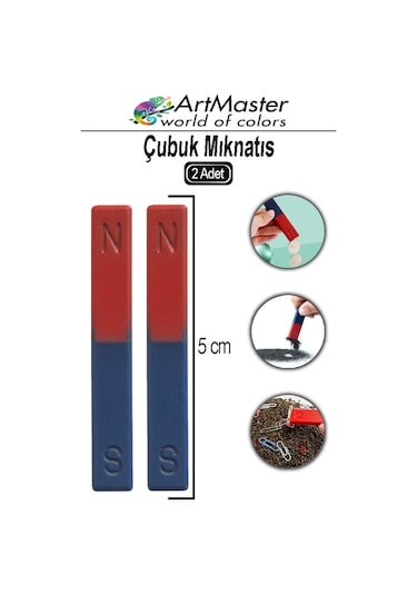 Çubuk Mıknatıs 2 Adet Deney Malzemesi Kırmızı Mavi Boyalı Okul Projeleri İçin I Şekilli Manyetik Çubuk Mıknatıs