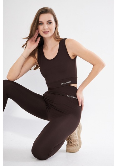 Lesa Wear Yüksek Bel Likralı Toparlayıcı Tayt Crop Takım Kahverengi