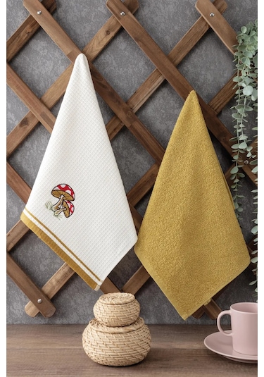 2 Li Mutfak Havlusu Hardal Rengi Mantar Nakışlı Hardal