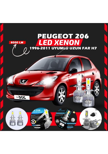 Peugeot 206 1996-2011 Uzun Far Uyumlu Şimşek Etkili Led Xenon Performance Series H7