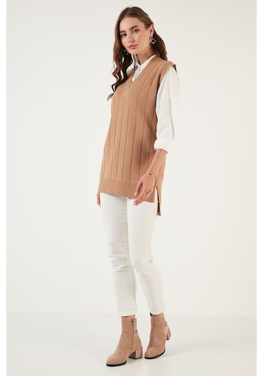 Lela V Yaka Uzun Triko Bayan Süveter 4616088 Camel