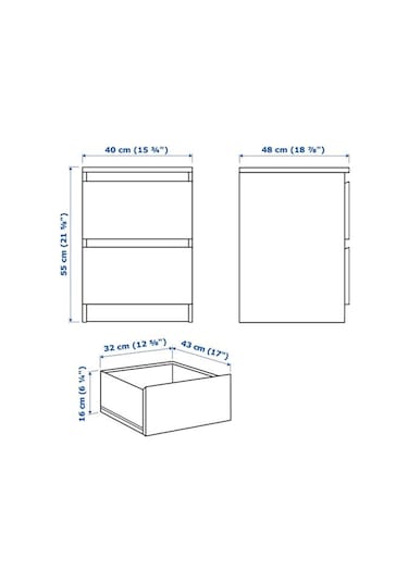 Komodin, Ağartılmış Meşe Kaplama 40x55 Cm Malm Komodin 40x55 Cm 2 Çekmeceli Şifonyer