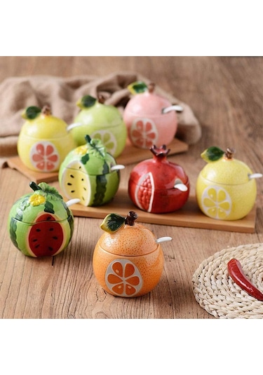 Geeroyoo Kırmızı Meyve Desenli Seramik Baharat Kavanozu Kapak Ve Kaşık İle - 230 Ml, Ev/cafe/parti İçin Malzeme Saklama Kabı Yeşil