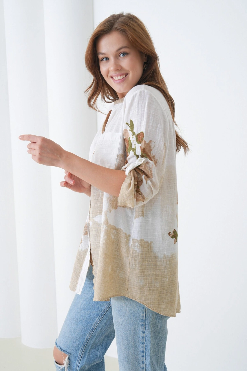 Kadın Tesettüre Uygun Uzun Kol Pamuk Şık Büyük Beden Desenli Curve Rahat İtalyan Keten Gömlek Kahverengi