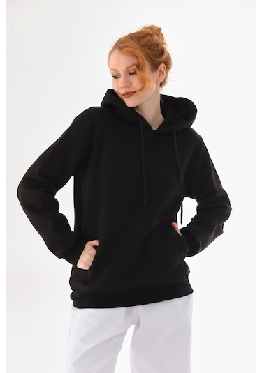 Everest Everst Kapüşonlu 3 İplik Şardonlu Kanguru Cepli Sweatshirt Siyah