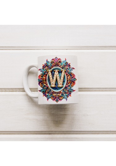 W Harfi Boho Bardak, Renkli Özel Tasarım Hediyelik Harfli Kupa, 330ml Porselen Beyaz