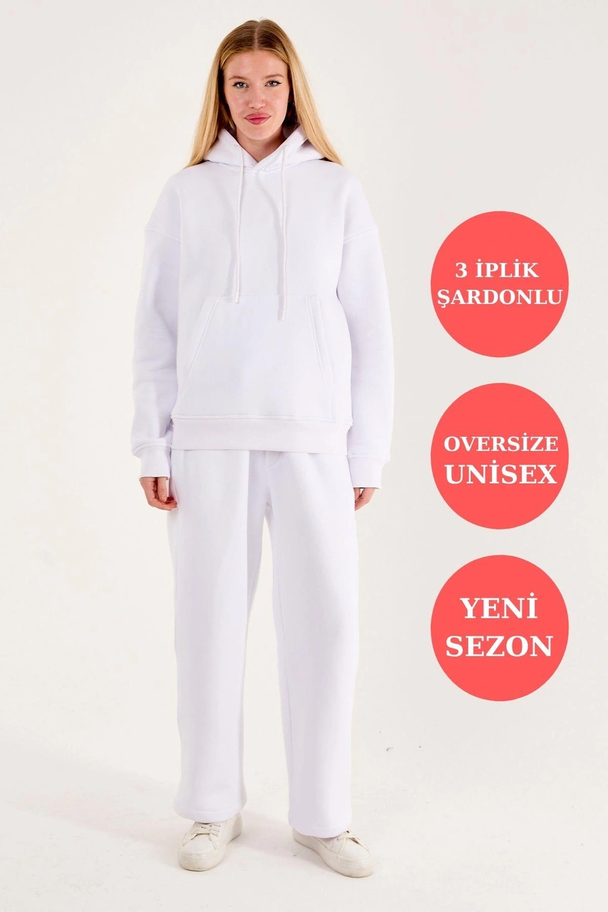 Q-4008 Kapüşonlu Üç İp Şardonlu Sweat Beyaz