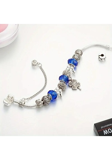 Şans Yonca Bileklik Mavi Charmlı Crystal Gümüş