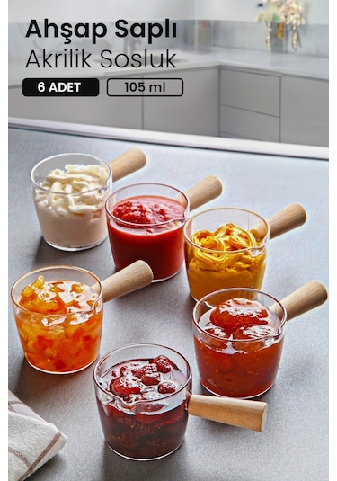 KitchenLife 6'lı Ahşap Saplı Mıka Reçellik Sosluk Sofra Sunum Kahvaltı Seti - 80 Ml Şeffaf