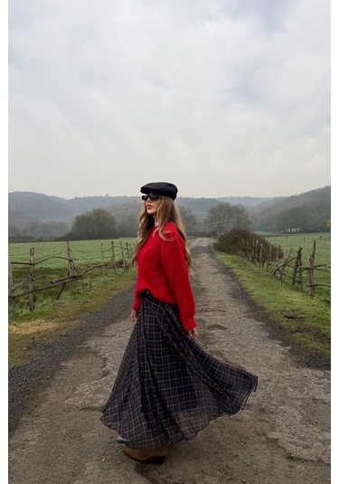 Siyah Şifon Ekoseli Etek - 0613 Siyah