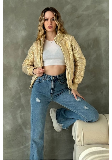 Topshow Modern Deri Görünümlü Mont Gold