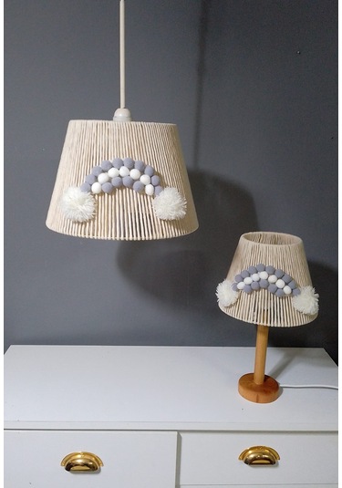 Ekru Makrome Avize Abajur Set Çocuk Odası Avize Bebek Odası Avize Ponpon Gökkuşağı Ekru