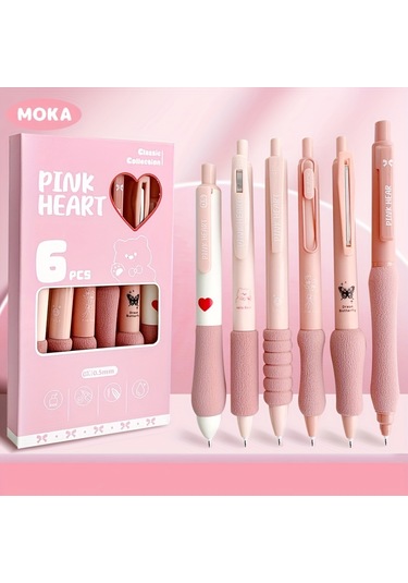 Tcherchı 6 Adet Kutulu Dopamin Yumuşak Kavrama Jel Kalemler 0.5mm Siyah Pembe