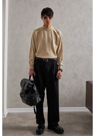 Erkek Yarım Balıkçı Oversize Basıc Triko Kazak Krem