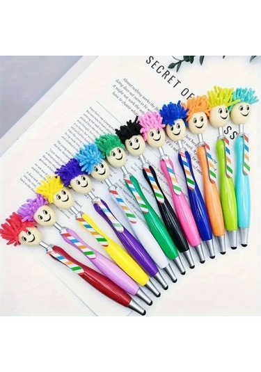 Bebek Kafası Peluş Çizgi Film Saç Paspası Kafası Gülen İfade Portre Tüylü Kafa Dokunmatik Ekran Silme Tükenmez Kalem 10个