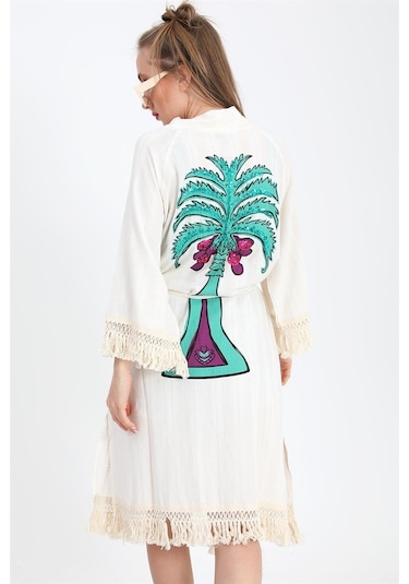 Kimono Palmiye Baskılı Püsküllü - Ekru-ekru Ekru