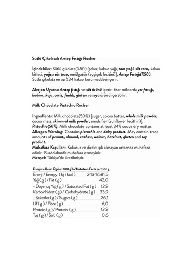 Rocher Sütlü Çikolatalı Antep Fıstıklı
