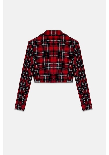 Kadın Kırmızı Ekoseli Crop Blazer Kırmızı