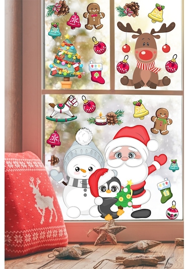 Sevimli Kardan Adam Noel Baba Ve Geyik Temalı Yılbaşı Pencere Sticker