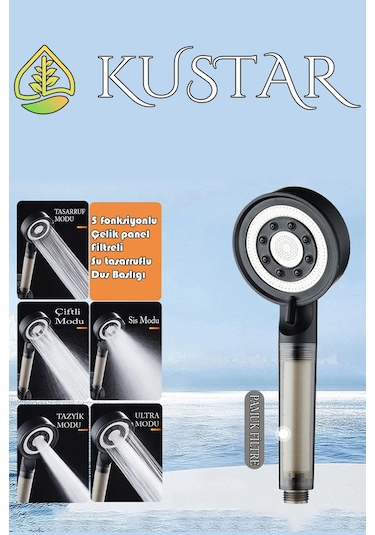 Kustar 3'lü Krom Çelik Duş Seti Filtreli 5 Fonksiyonlu Duş Başlığı El Duşu 150cm Duş Hortumu Ve Duş Askı Gri