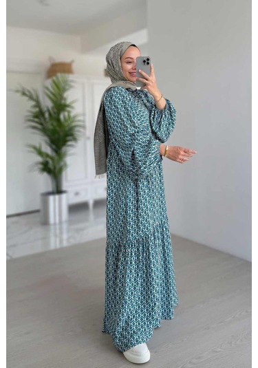 Geometrik Desenli Kuşaklı Elbise - Mavi Mavi