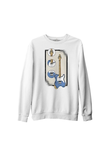 A Blue Electric Guitar And Its Parts Beyaz Erkek Kalın Sweatshirt 001