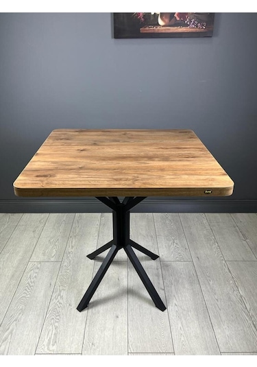 Roma Ceviz Mutfak Yemek Masası Balkon Masası Kavisli Köşe Metal Siyah Ayak 80 Cm